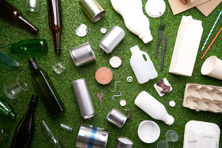A selection of garbage for recycling. Segregated glass, metal, plastic and paper on green grass background.の写真素材