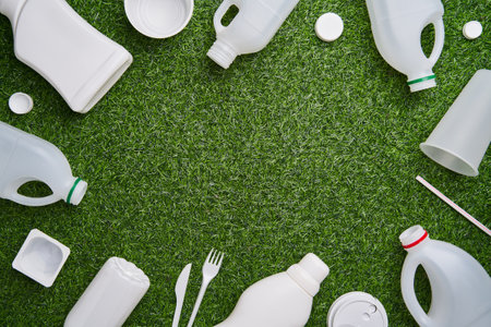 Plastic collected for recycling on green grass background.