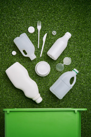 Plastic collected for recycling on green grass background.の写真素材