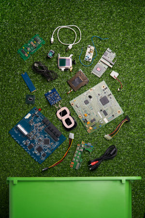 Many microchips, batteries, wires, spare parts of gadget for recycling.