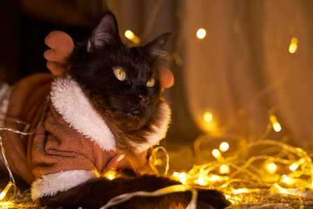 Maine coon cat in christmas deer costume.の写真素材