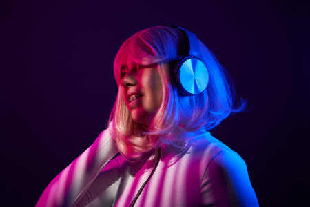 Woman in headphones listening music and enjoingの写真素材