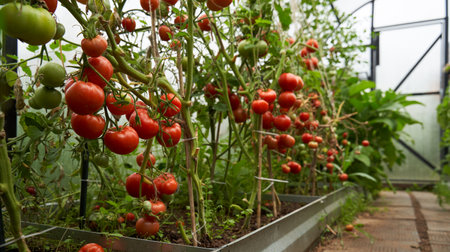 Greenhouse with red, yellow and green tomatoes on a branch. Farm for growing vegetables.の写真素材