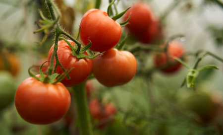 Red tomatoes on a branch in a greenhouse. Farm for growing vegetables.の写真素材