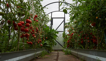 Greenhouse with red, yellow and green tomatoes on a branch. Farm for growing vegetables.の写真素材