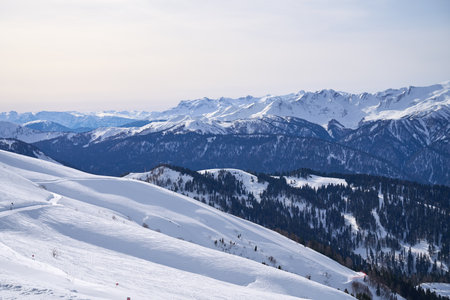 Panoramic view of snow-covered slopesの写真素材