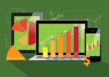 Notebook, tablet PC computer and smartphone with business graphs. Flat design.のイラスト素材