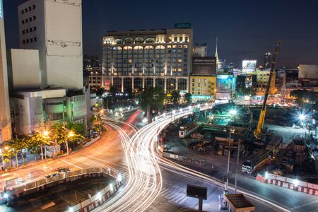 Bangkok, THAILAND -November 20:Speed Traffic - light trails on Rama 4 Rd. , Bird's eye view on a night urban scene, November 20,2016 in Bangkok Province , Thailand.のeditorial素材