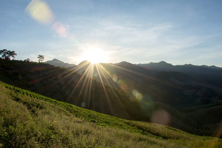Mountain field during sunrise in the morning.Beautiful natural landscape dramatic colorful scenery/Lens flareの写真素材