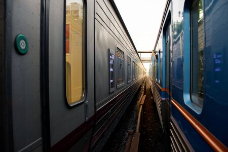 Abstract image of two train  side by side with railの写真素材