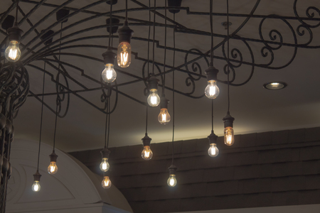Round light bulbs for illumination at nightの写真素材