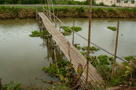 Bamboo bridge over the canal in orchard.の写真素材