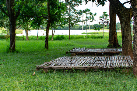 Bamboo terrace For a tent along the pond's bed.の写真素材