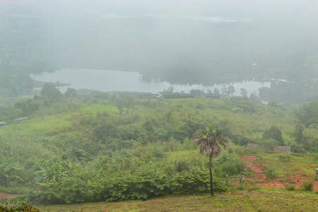 Morning mist above the reservoir and the trees at Phetchabun in Thailand.の写真素材