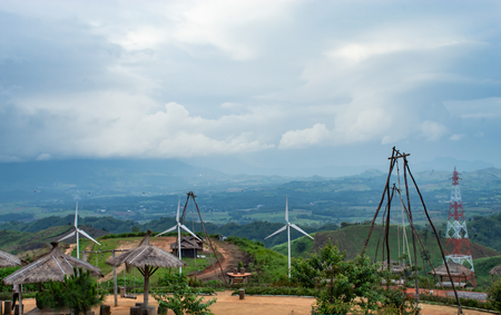 High voltage transmission towers on the mountain at Windtime Khao kho , Phetchabun in Thailand.