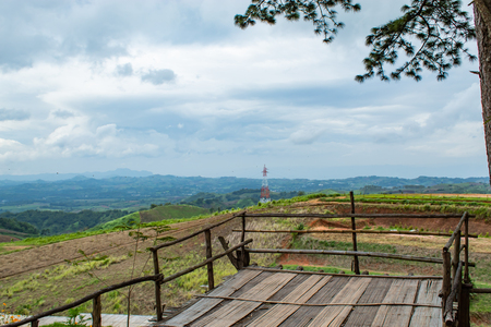 The wooden terrace for tourists sightseeing in the mountains.の写真素材