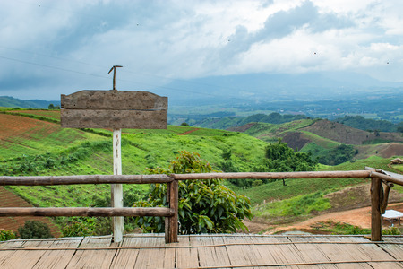 The wooden terrace for tourists sightseeing in the mountains.の写真素材