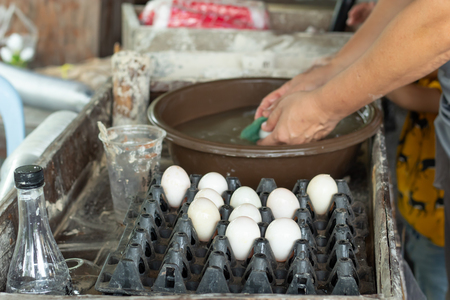 Duck eggs are washed and placed in a tray.の写真素材