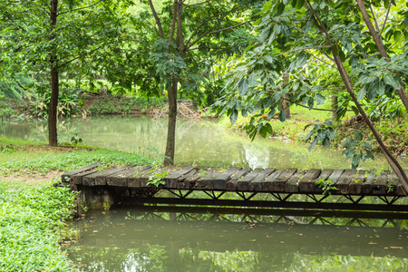 Wooden bridge over the canal in orchard.の写真素材