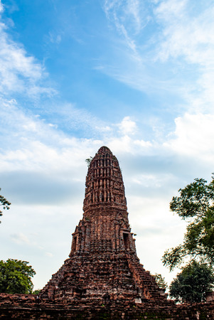 The old tower built of bricks is damaged at Worachet temple in Ayutthaya ,Thailand.の写真素材