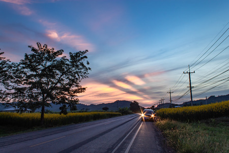 Cars on the road the road and Yellow Crotalaria juncea L. background mountains and the sunset light.の写真素材