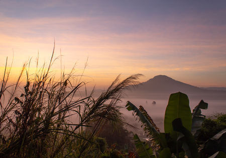 Fog and sun Morning after mountain.の写真素材