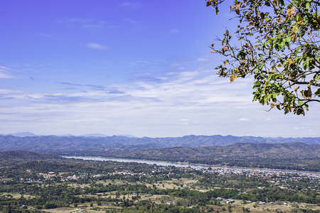 Cityscape chiangkhan along the Mekong River and mountain view point at Phu Thok , Loei in Thailand.の写真素材