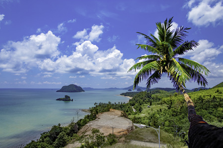 The beauty of coconut trees and the islands in the sea and sky at  Sairee Sawee Beach , Chumphon...