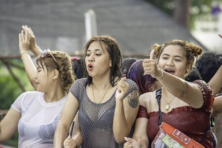 Tourists on the car play water in Songkran festival or Thai new year at Bang kruai, Nonthaburi, April 15, 2019のeditorial素材