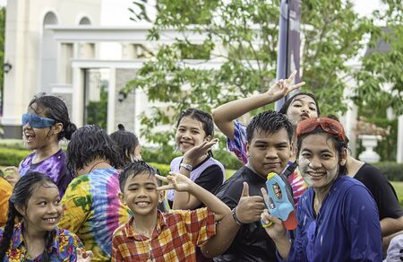 Tourists on the car play water in Songkran festival or Thai new year at Bang kruai, Nonthaburi, April 15, 2019のeditorial素材