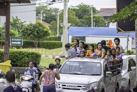 Tourists on the car play water in Songkran festival or Thai new year at Bang kruai, Nonthaburi, April 15, 2019のeditorial素材