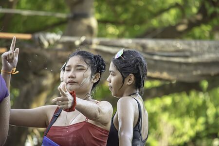 Tourists on the car play water in Songkran festival or Thai new year at Bang kruai, Nonthaburi, April 15, 2019のeditorial素材