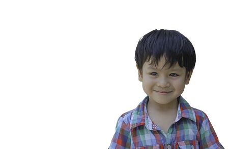 Isolated Portrait Asian boy smiled happily on white background with clipping path.の写真素材