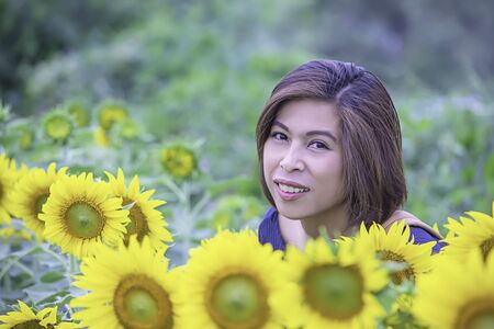 Woman in Yellow Marigold flowers garden or Tagetes erecta in gardenの写真素材