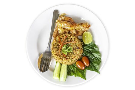 Isolated Fried rice with spicy shrimp on a white background with clipping path. ,  food Thai style.の写真素材