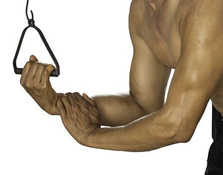 Isolated Asian Men's Fitness Weight training in the gym on a white background with clipping path.の写真素材