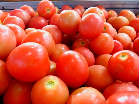 Pink tomatos in marketの写真素材