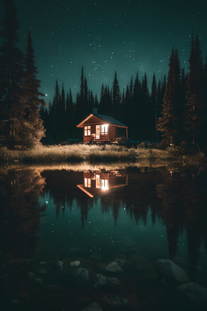 Wooden house on the lake at night with stars and reflection in waterの素材