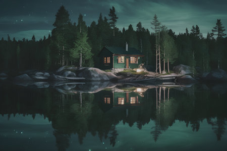 Lonely house on a lake in the forest at night.の素材