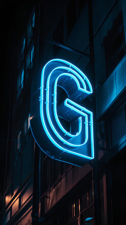 Neon sign with letter G. Night city. 3d renderingの素材