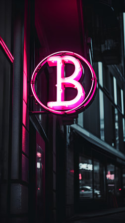 Neon signboard with letter B in front of a building.の素材