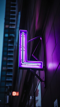 Neon signboard with letter L in the city at night.の素材