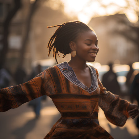 African american woman in traditional clothes walking in the street at sunsetの素材