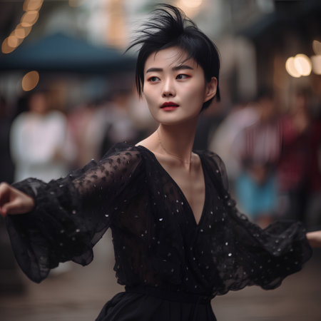 Portrait of a beautiful young asian woman dancing in the cityの素材