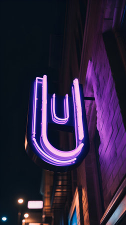Illuminated neon sign of U letter in the city at nightの素材