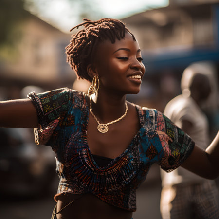 Beautiful african american woman in traditional clothes dancing in the street.の素材