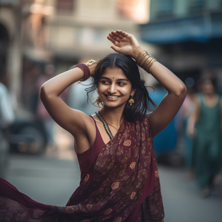 Beautiful indian woman wearing saree and posing on the streetの素材