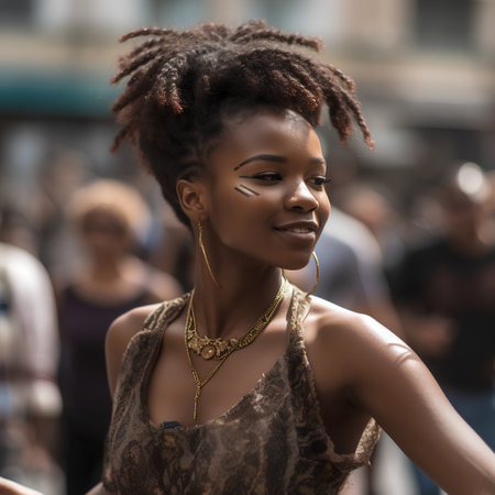 Fashionable woman poses outside Garibaldi fashion show building for Milan Women's Fashion Week in Milan.の素材