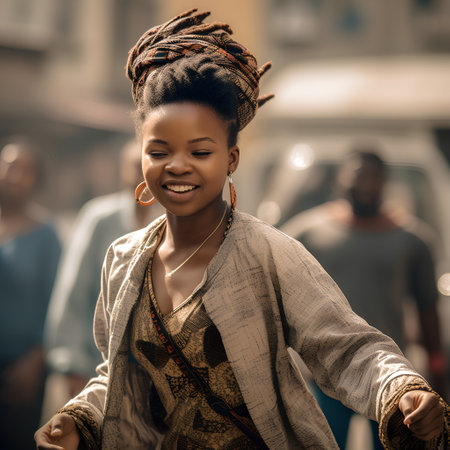 Beautiful young african woman with dreadlocks walking in the city.の素材