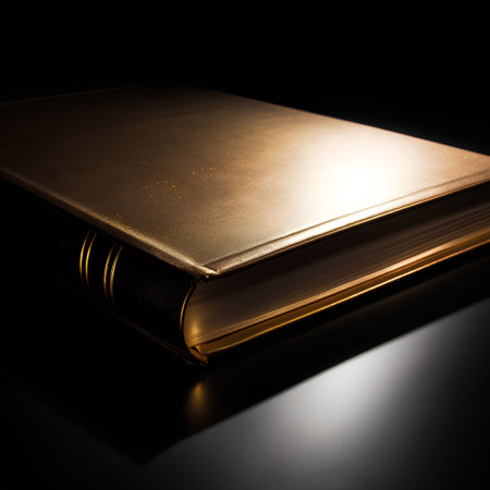 Black book with gold cover on black background. Selective focus.の素材